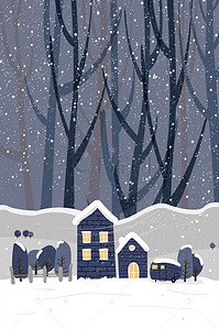 树林卡通背景图片_卡通大雪24节气海报