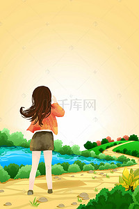 手插画风景背景图片_黄色浪漫唯美手绘小女孩美景