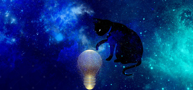 深蓝色魔幻猫咪灯泡背景素材