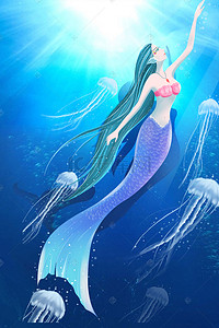 海底素材背景图片_蓝色海底梦幻美人鱼PSD分层H5背景素材