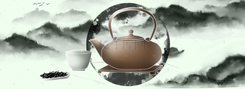 中国风茶艺水墨绿色背景素材