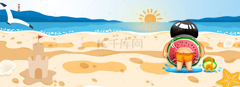 盛夏疯狂背景图片_卡通盛夏沙滩城堡大海阳光背景