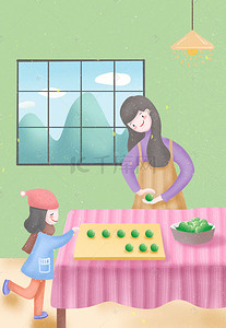 艾草背景图片_清明节可爱卡通母女做清明团子背景