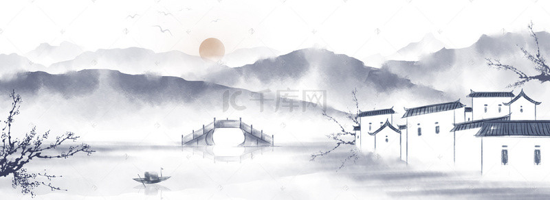 水墨插画背景图片_复古中国风徽派建筑水墨风景