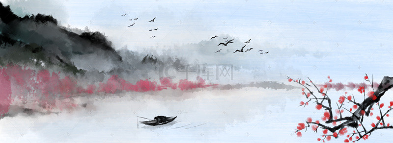 小船中国风背景图片_手绘樱花中国风水墨山水背景