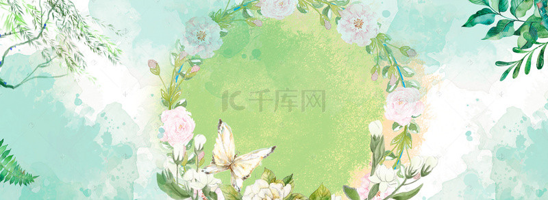 清新植物花卉背景图片_清新绿叶花卉花环banner