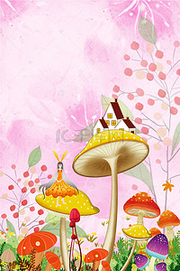 粉色童话背景背景图片_童话风蘑菇和女孩