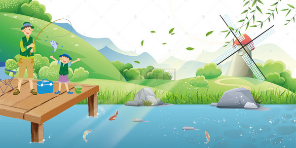 鱼池背景图片_绿色夏天钓鱼池扁平卡通广告背景