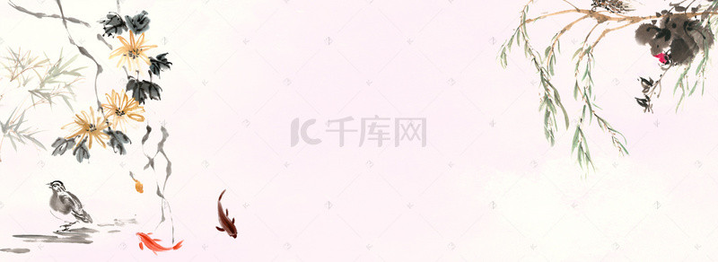中国风彩色花鸟画banner海报