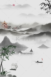 复古黑白背景背景图片_矢量复古黑白水墨山水风景背景