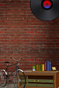 背景自行车背景图片_90年代复古砖墙海报背景