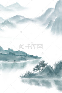 中国风手绘远山背景图片_墨绿色矢量古典古风手绘彩绘山水背景