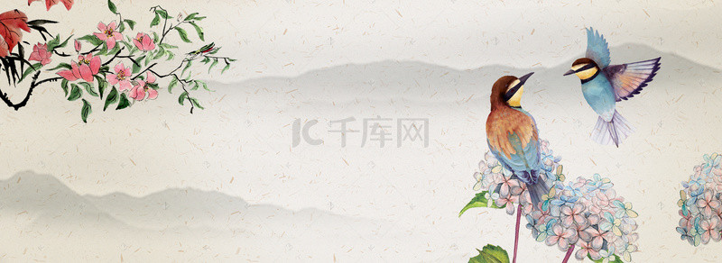 春天插画素材背景图片_山水画中国结燕子喜鹊春天背景banner