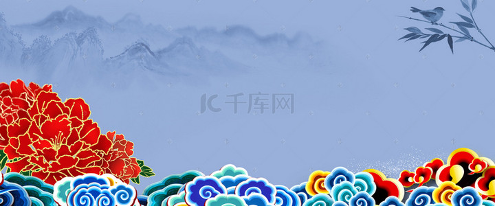 五十六个民族合照背景图片_民族风蓝色山河背景