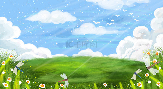 草地上玩耍的小孩背景图片_手绘卡通蓝天白云草地海报背景