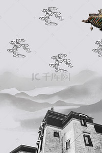 江南水乡水墨背景图片_江南水乡水墨园林海报背景素材