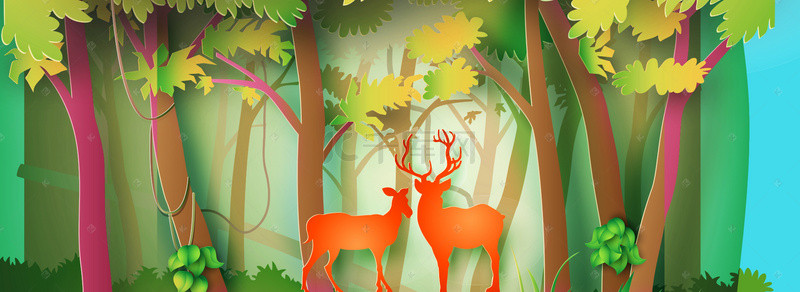 卡通手绘森林背景图片_可爱卡通手绘鹿子森林banner
