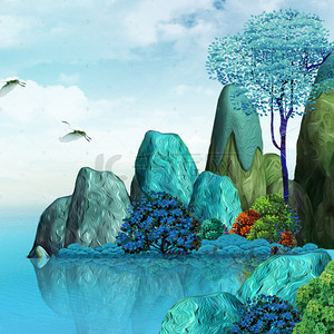 蓝色手绘新中式夏季山水湖泊背景
