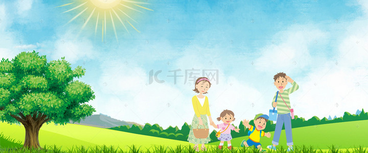 幸福素材背景图片_卡通家庭出游绿色背景素材
