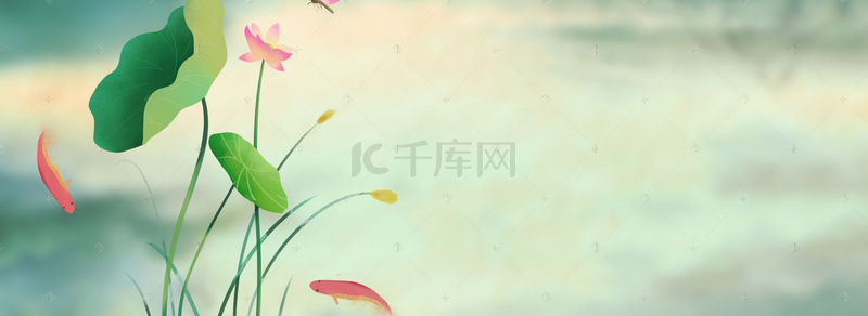 春天中国风荷花墨绿绿色banner背景