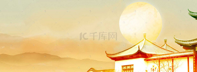中国江南水墨风背景图片_江南工笔画文艺月亮黄色背景