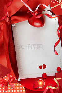 红爱心丝带背景图片_红色礼物情人节海报背景