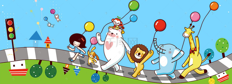 动漫气球背景图片_中小学安全教育卡通动物海报背景