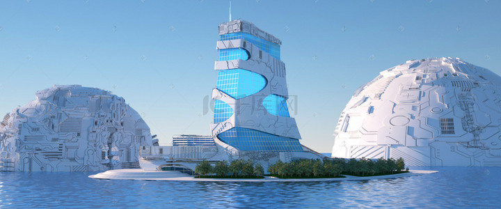 c4d背景飞碟背景图片_C4D未来海上建筑背景