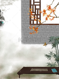 中国风轩窗树枝书桌装饰背景