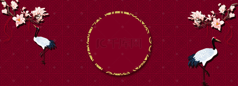 红色花纹边框背景图片_中国风梅花仙鹤花纹边框背景海报