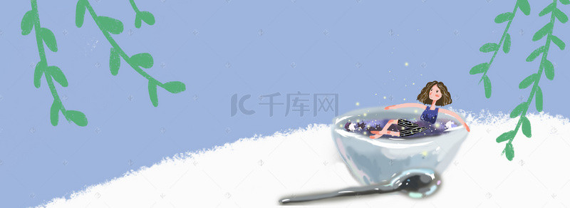 蓝莓海报背景图片_清新蓝莓甜点创意女孩插画背景
