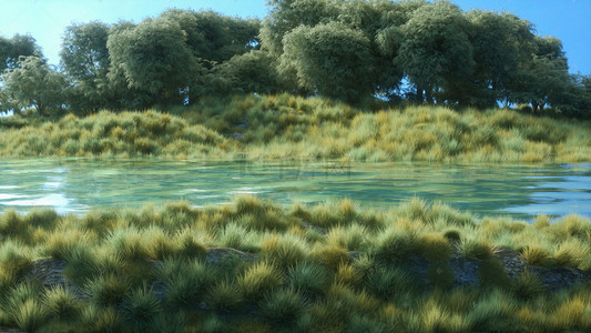 植物湖水风景背景图片_C4D写实自然风景