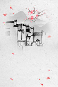 中国风水墨花瓣背景图片_中国风古典江南建筑海报背景素材