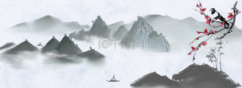 山水写意背景图片_学术中国风黑白海报背景
