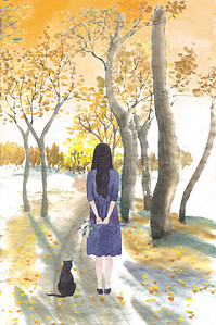 女孩落叶背景图片_手绘秋季落叶树林里孤单的女孩和猫