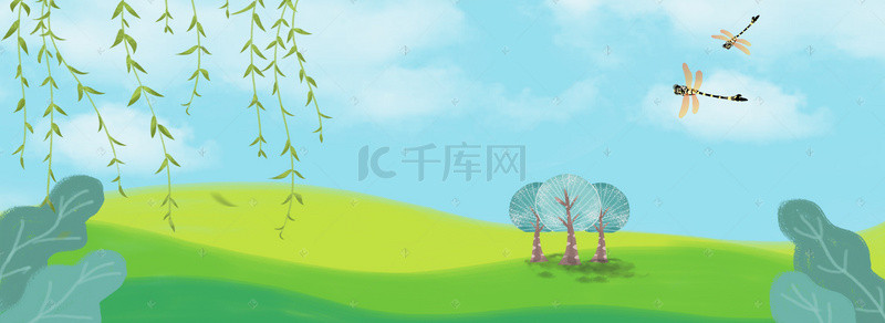 踏青出游季背景图片_出游季绿色卡通banner