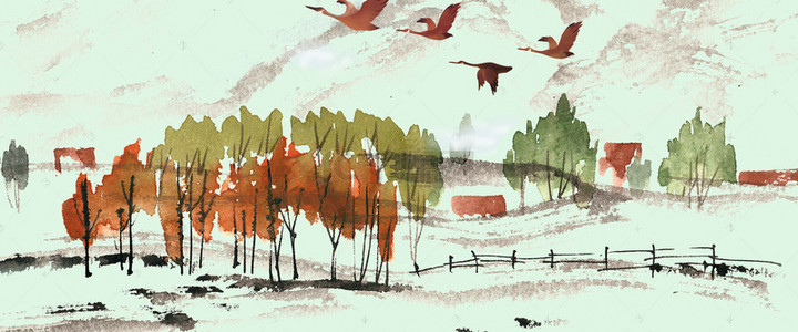 手绘矢量树林背景图片_矢量水彩手绘泼墨风景背景