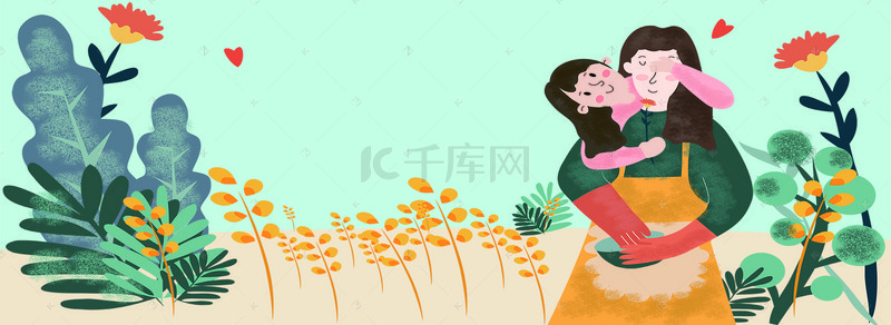 小清新花草背景图片_手绘温馨母女场景母亲节海报背景