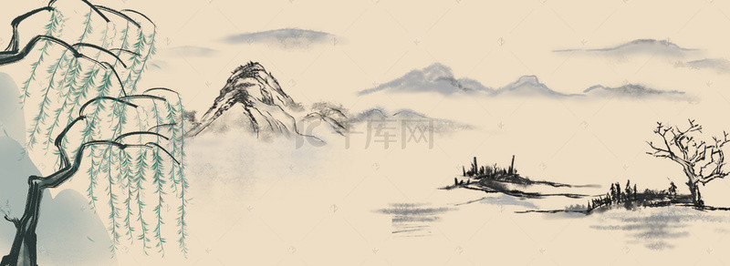 中国风垂柳山水画古韵平面广告