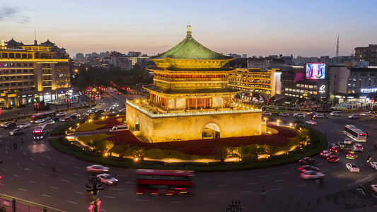 西安古建筑摄影照片_陕西西安钟楼日转夜夜景