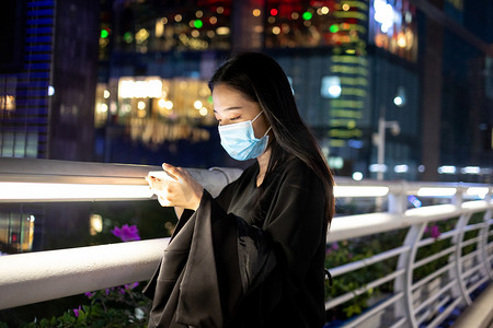 商务人像夜晚商务女性人行天桥看手机摄影图配图