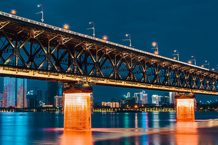 武汉城市建筑夜晚建筑长江大桥慢门仰拍摄影图配图