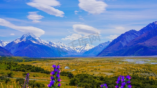 手绘自驾游摄影照片_桌面壁纸下午雪山紫花国外风景摄影图配图