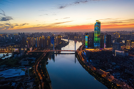 武汉城市风光日落建筑地标汉江航拍摄影图配图