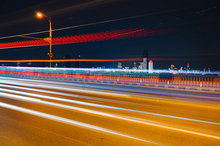 武汉城市交通夜晚交通长江大桥光绘慢门摄影图配图