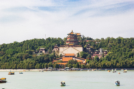 中式对角花纹摄影照片_颐和园湖泊建筑美景摄影图