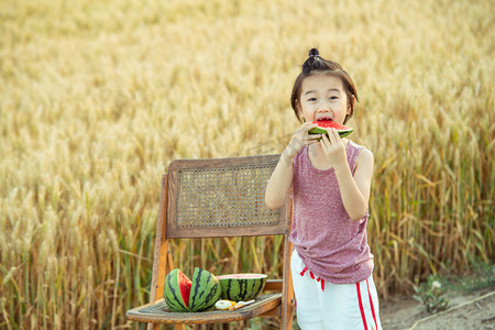 西瓜摄影照片_夏日儿童人像白天可爱儿童麦田大口吃西瓜摄影图配图