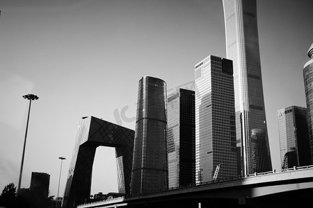 城市立交摄影照片_北京城市央视电台建筑群体黑白摄影图配图