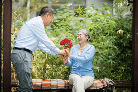 奶奶种地摄影照片_老年生活白天一对老夫妻户外送玫瑰花摄影图配图