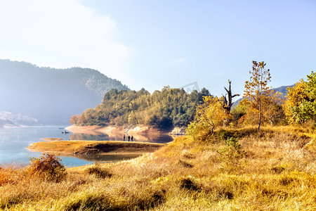 山峰水面和枯树摄影图